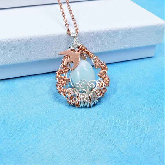 Wire Wrap Aquamarine Pendant, March Birthstone Necklace, Copper and Gemstone Bird Theme March Birthday Present or Anniversary Gift for Mom