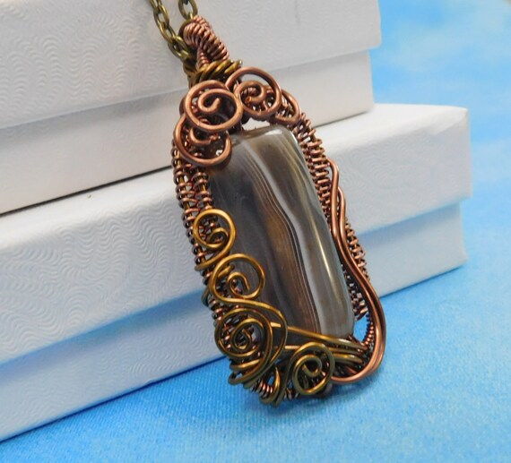 Copper Wire Wrapped Agate Pendant, Artisan Crafted Woven Wire Stone Necklace, Artistic Handmade Wearable Art Jewelry Christmas Present