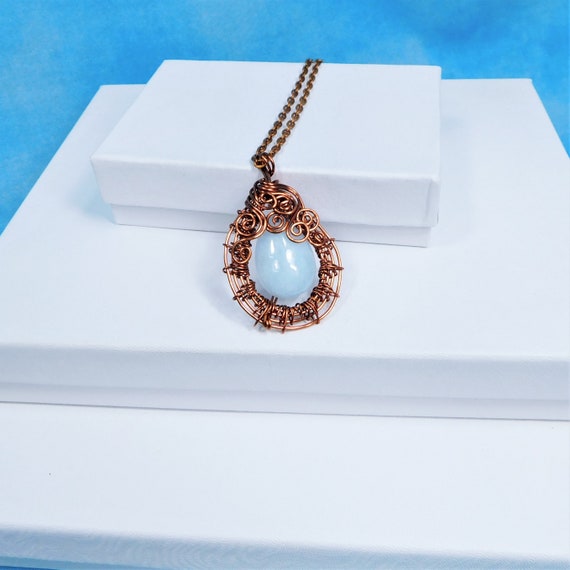 Wire Wrapped Aquamarine Pendant, March Birthstone Necklace, Unique Artisan Crafted Woven Copper and Gemstone Jewelry 7th Anniversary Gift