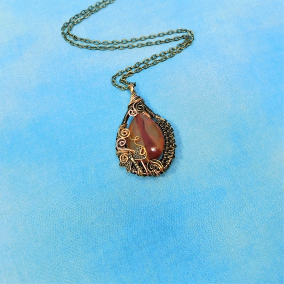 Copper Dragonfly Necklace, Wire Wrapped Agate Pendant, Artistic Gemstone Wearable Art Memorial Jewelry Bereavement Present Sympathy Gift