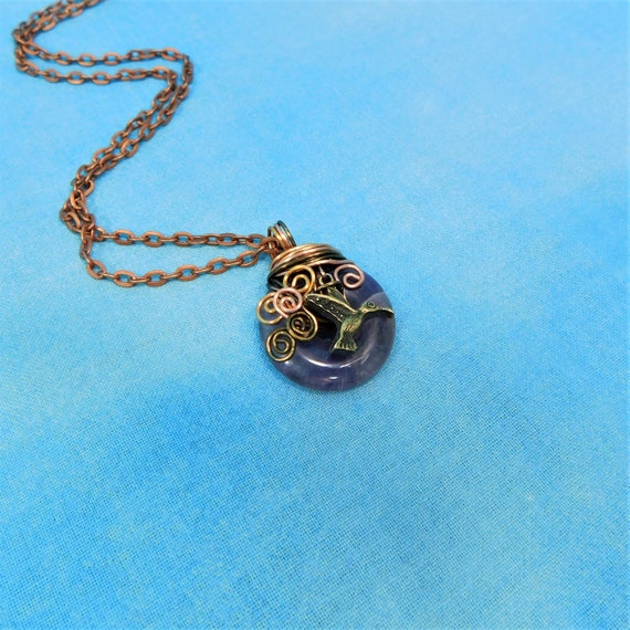 Copper Wire Wrapped Amethyst Pendant with Hummingbird, February Birthstone Necklace Birthday Present, Gemstone Jewelry 7th Anniversary Gift