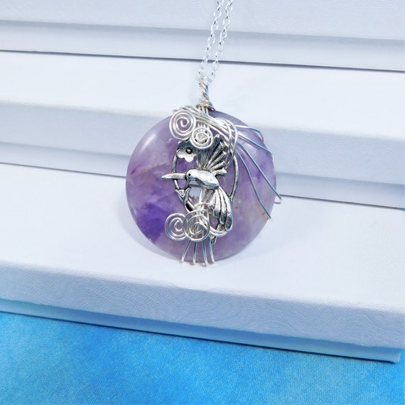 Amethyst Hummingbird Necklace, Wire Wrapped February Birthstone Pendant, Artisan Crafted Amethyst Jewelry for February Birthday Present