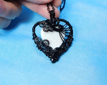 Woven and Sculpted Black Wire Heart Pendant, Artisan Crafted