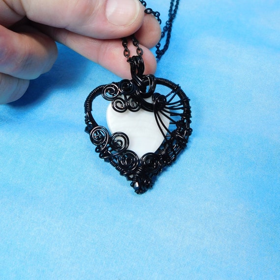 Woven and Sculpted Black Wire Heart Pendant, Artisan Crafted