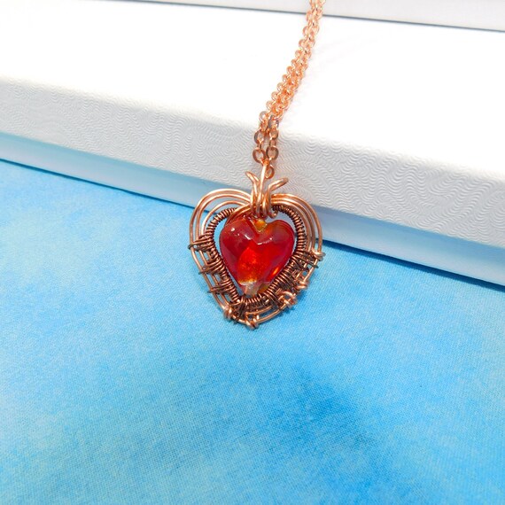 Artistic Copper Heart Necklace, Wearable Art Wire Jewelry Valentine Present, Copper & Lamp Work Heart Pendant 7th Anniversary Gift for Wife