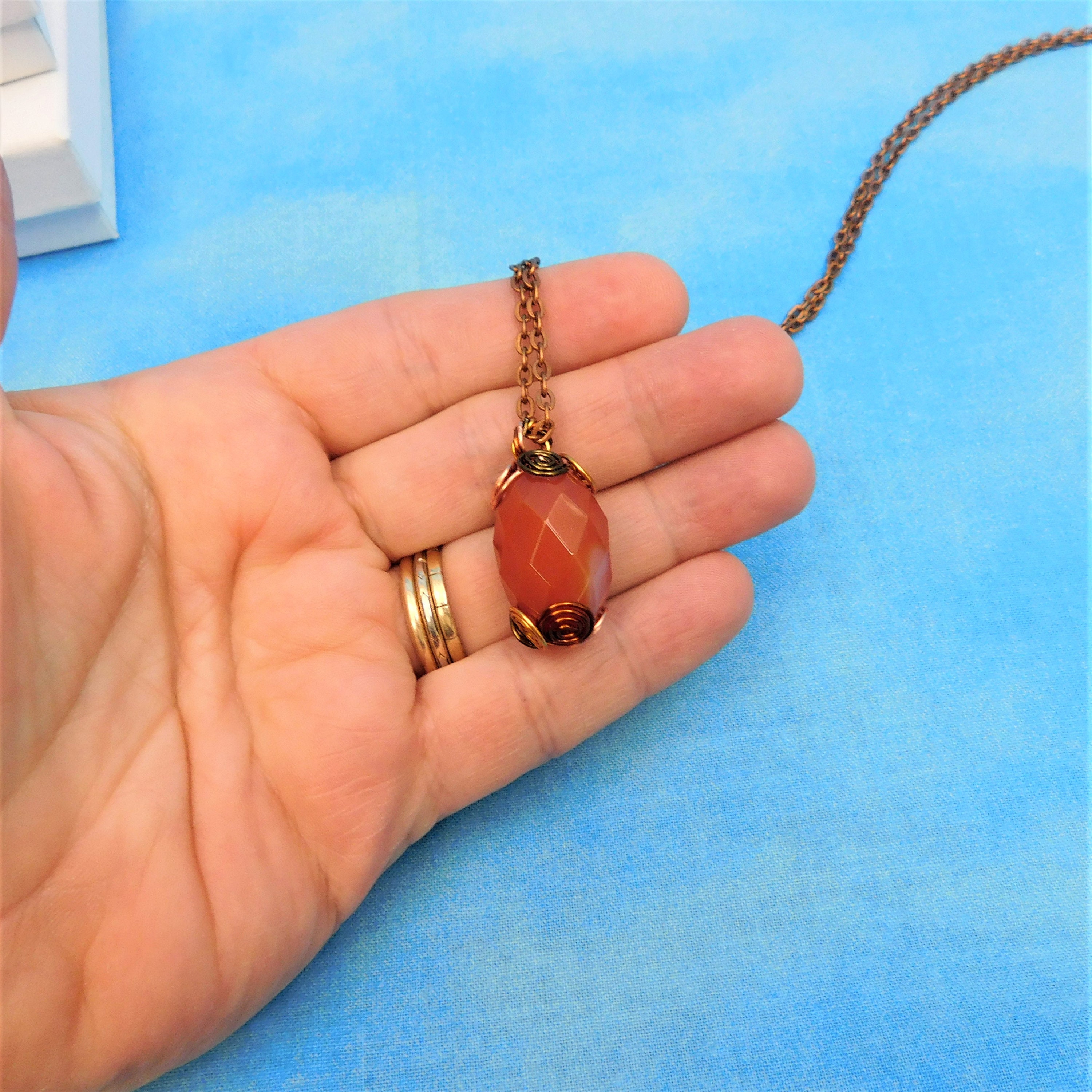Carnelian Necklace Gemstone Jewelry, Wire Wrapped Orange Gem Pendant
