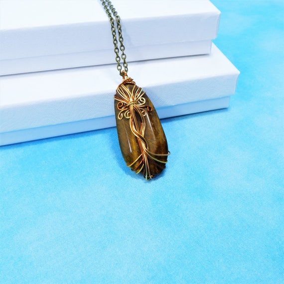 Wire Wrapped Tiger Eye Pendant Necklace, Artisan Crafted Wearable Art Gemstone Jewelry, Artistic Copper Jewelry Anniversary Gift for Wife