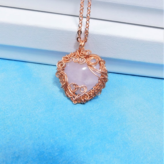 Rose Quartz Heart Necklace, Gemstone Heart Pendant, Wire Wrapped Stone Jewelry, Wearable Art Birthday Present or Anniversary Gift