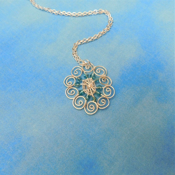 Artistic Wire Wrapped Blue Flower Necklace, Artisan Crafted Handmade Jewelry, Unique Pendant Present for Wife, Mom, or Mother in Law Gift