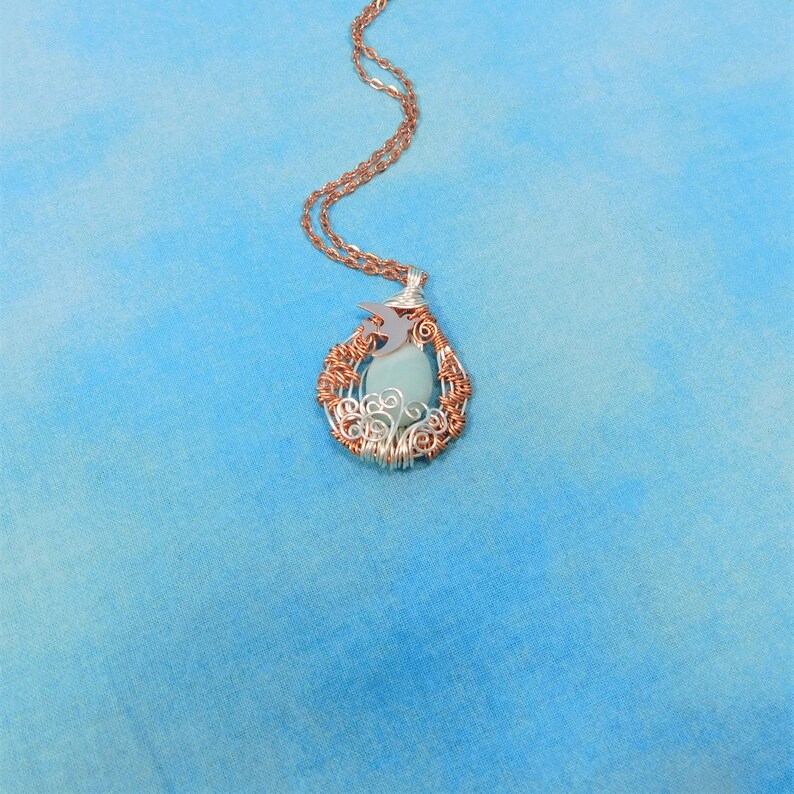 March Birthstone Necklace Copper And Gemstone Bird Theme March Birthday Present Or Anniversary Gift For Mom Wire Wrap Aquamarine Pendant Jewelry Pendants Acsea Formation Fr