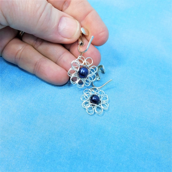 Blue Pearl Flower Clip on Dangles, Non Pierced Wire Wrapped Earrings, Unique June Birthstone Jewelry, Artistic Handcrafted Anniversary Gift