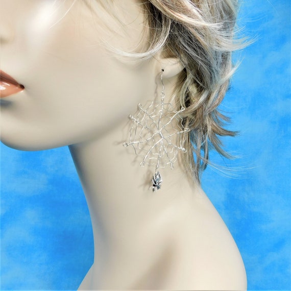 Spider Earrings, Large Spider Web Dangles, Unique Wire Wrapped Spider Jewelry, Handcrafted Wearable Art for Pierced Ears, Present for Women