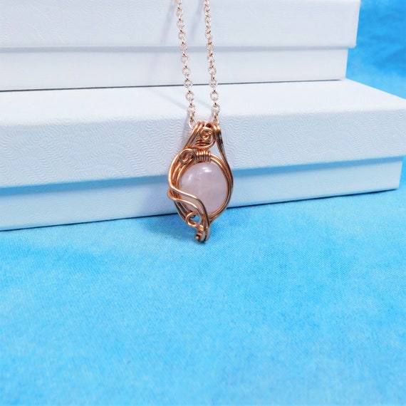 Wire Wrapped Rose Quartz Necklace, Gemstone Pendant for 7th Anniversary Gift, Wearable Art Valentine Jewelry Present for Wife or Girlfriend