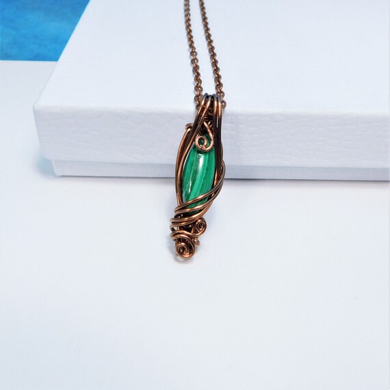 Unique Wire Wrapped Malachite Necklace, Artistic Gemstone Jewelry, Unisex Stone Malachite Pendant Birthday Present Ideas for Women or Men