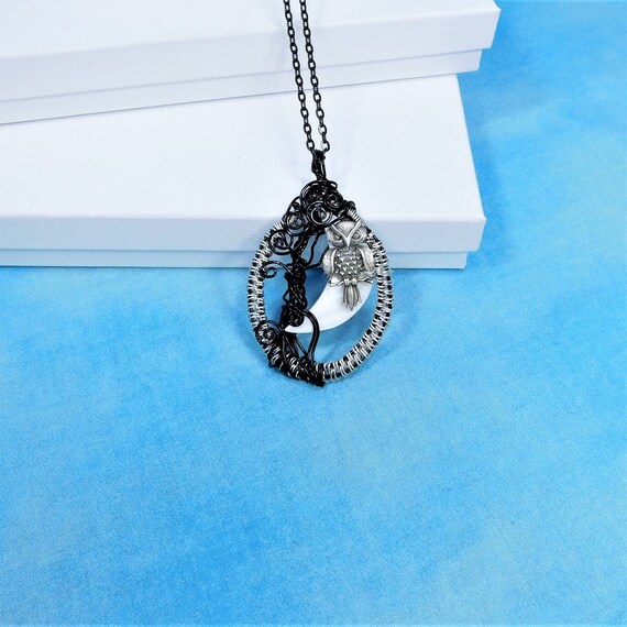 Artisan Crafted Woven Wire Wrapped Owl Necklace, Wearable Art Owl with Moon Pendant Jewelry Birthday Present or Anniversary Gift for Wife