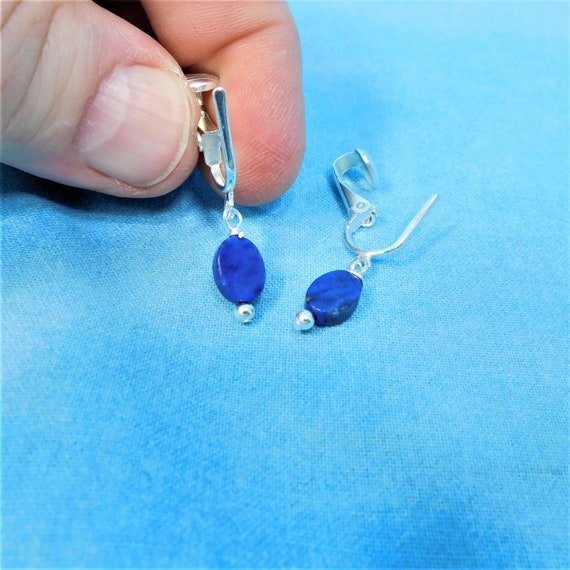 Lapis Lazuli Non Pierced Earrings, Blue Gemstone Clip on Dangles, Ladies Birthday Present, Anniversary Gift for Wife or Best Friend Gift