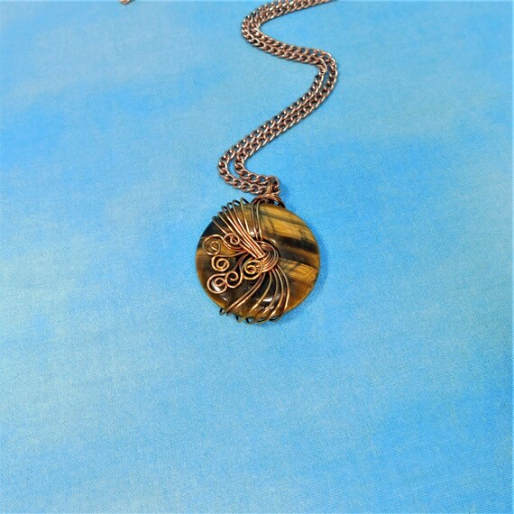Artistic Wire Wrapped Tiger Eye Pendant, Unique Gemstone Necklace, Artisan Crafted Jewelry for Birthday Present or Anniversary Gift for Wife
