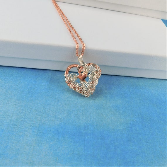Woven Wire Wrapped Copper Heart Necklace, Unique Artisan Crafted Rose Gold Colored Heart Pendant, Wearable Art Jewelry Anniversary Present