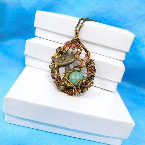 Artisan Crafted Cat Necklace Pet Lover Gift, Artistic Unique Wire Wrapped Kitty Pendant, Handmade Wearable Art Jewelry Present for Women