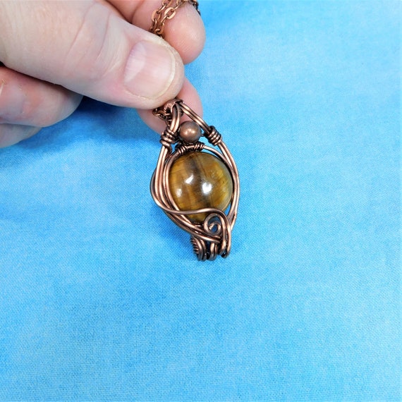 Wire Wrapped Tiger Eye Pendant Necklace, Artisan Crafted Wearable Art Gemstone Jewelry, Artistic Copper Jewelry Anniversary Gift for Wife