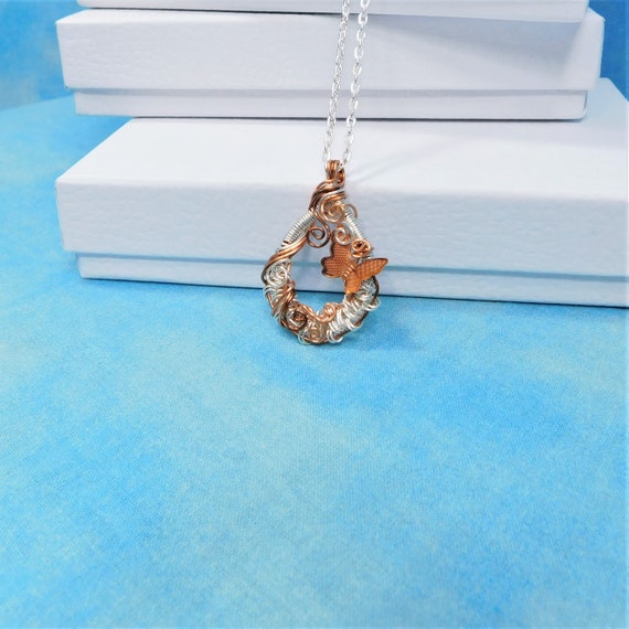 Artisan Crafted Rose Gold Butterfly Necklace, Unique Wire Wrapped Butterfly Pendant, Artistic Handmade Memorial Jewelry Bereavement Present