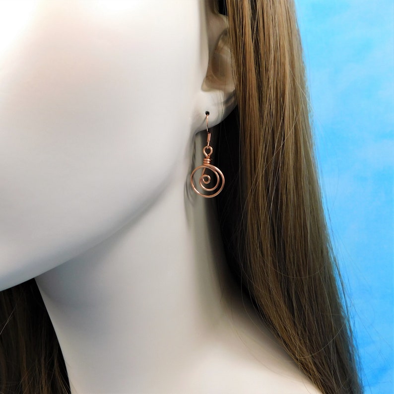 Round Natural Copper Earrings 7th Anniversary Gift for Wife Spiral Coil Earrings for Pierced Ears Nickle Free Artistic Wire Jewelry