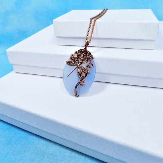 Copper Dragonfly Necklace, Wire Wrapped Blue Agate Pendant 7th Anniversary Gift, Gemstone Memorial Jewelry Bereavement Present Sympathy Gift