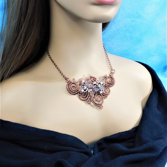 Copper Scroll Work Bib Necklace, Unique Wire Wrapped Copper Statement Jewelry, One of a Kind Wearable Art 7th Anniversary Present for Women