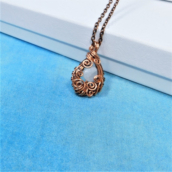 Woven Wire Aquamarine Pendant for March Birthday, March Birthstone Necklace, Copper and Gemstone Jewelry 7th Anniversary Gift for Wife