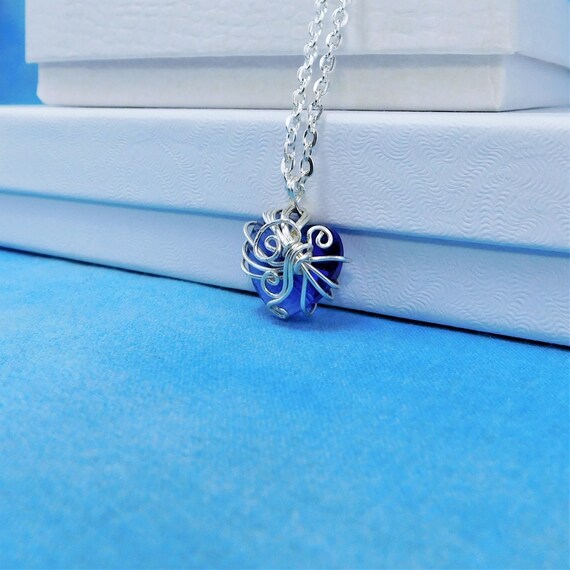 Handcrafted Blue Crystal Heart Necklace: Wire-Wrapped Pendant for Girlfriend, Wife, Anniversary Gift