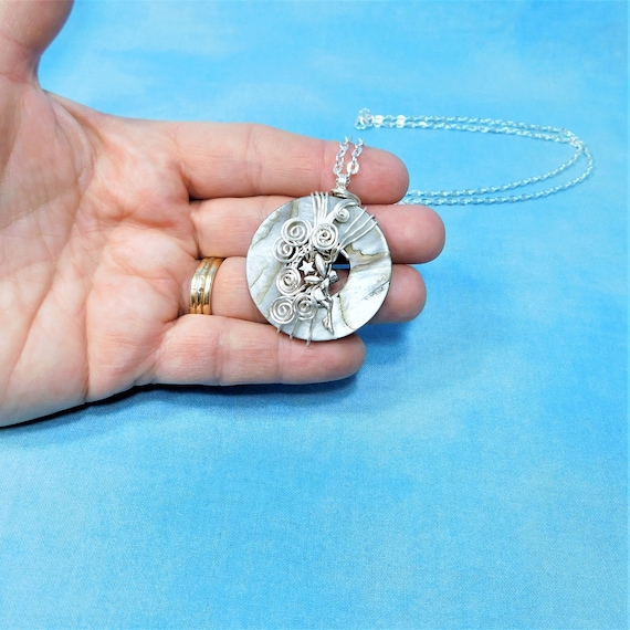 Unique Wire Wrapped Mother of Pearl Fairy Necklace, Artisan Crafted Silver Fairy Jewelry, Artistic Handmade Wearable Art Fantasy Pendant