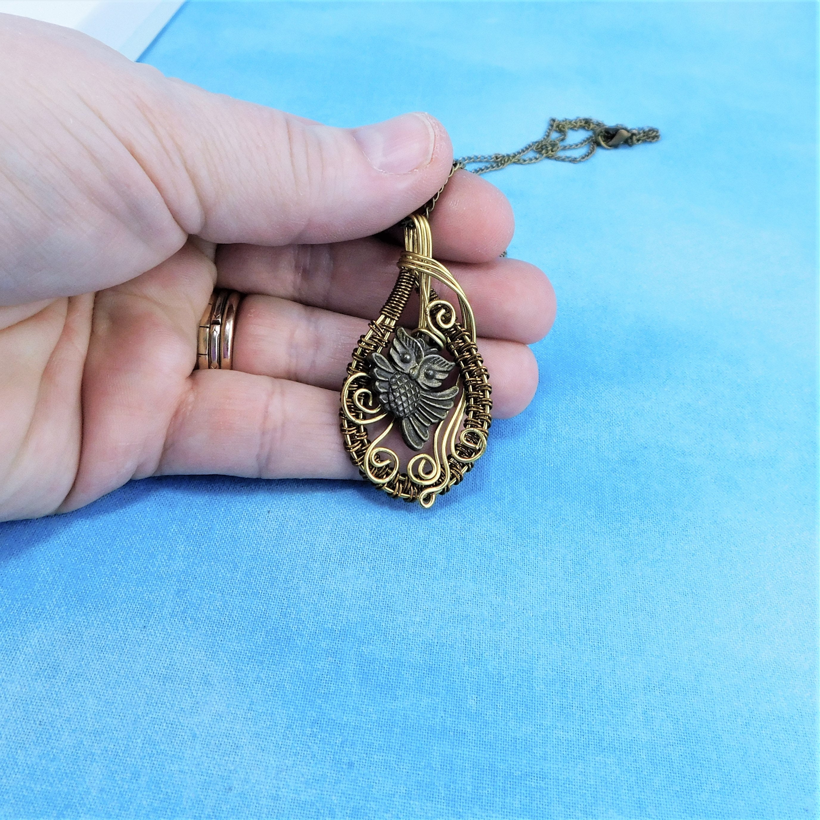 Woven Wire Wrapped Owl Necklace, Artisan Crafted Rustic Copper Wise Old