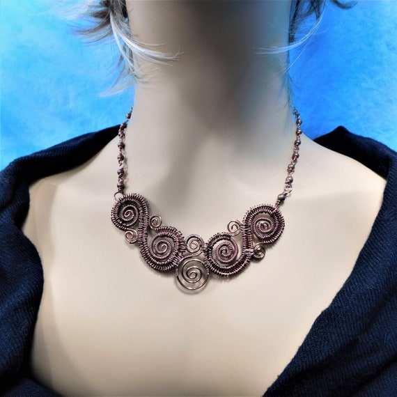 Artisan Crafted Copper Statement Necklace, Unique Wire Wrapped Jewelry, Artistic Handcrafted 7th Anniversary Gift for Wife or Girlfriend