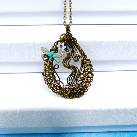 Artisan Crafted Dragonfly Necklace Memorial Jewelry, Rustic Copper Bereavement Pendant for Sympathy Gift or 7th Anniversary Present for Wife