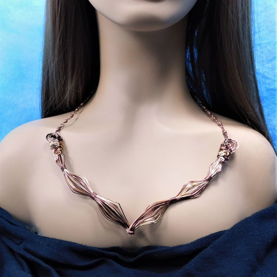 Unique Copper Bib Necklace, Artistic Wire Wrapped Statement Jewelry, One of a Kind Sculpted Wire Wearable Art Present for 7th Anniversary
