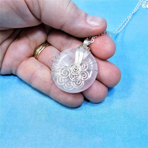 Rose Quartz Pendant, Sculpted Wire Wrapped Gemstone Necklace, Artistic Handmade Wearable Art Jewelry Birthday Present for Women