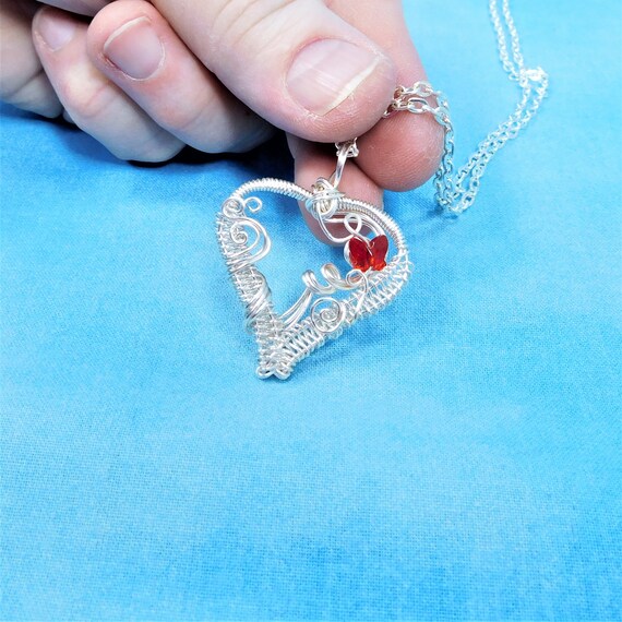 Woven Wire Heart Pendant with Red Crystal Butterfly, Wearable Art Necklace Memorial Jewelry Bereavement Present or Sympathy Gift