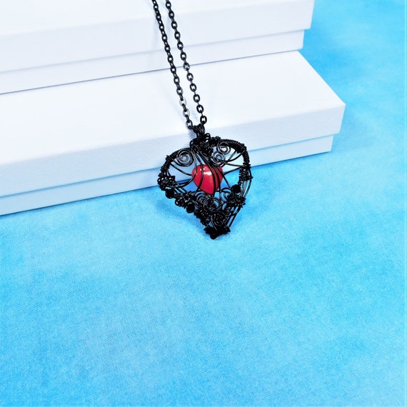 Artisan Crafted Romantic Red Heart Necklace, Unique Artistic Black Woven Wire Wrapped Heart Pendant, Wearable Art Jewelry Present for Women