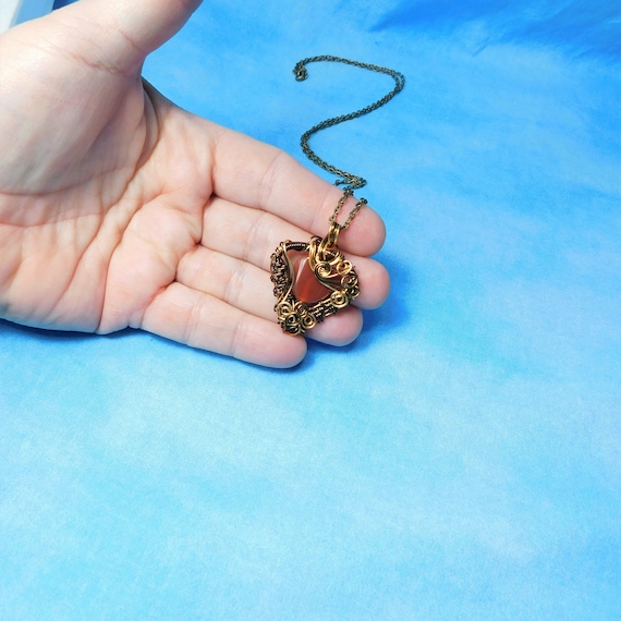 Unique Woven Wire Wrapped Carnelian Heart Necklace, Artistic Handmade Gemstone Pendant, Wearable Art Carnelian Jewelry Present for Women