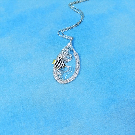 Swimming Tropical Fish Necklace, Unique Wire Wrapped Beach Jewelry, Whimsical Ocean Theme Pendant, One of a Kind Wearable Marine Art Present