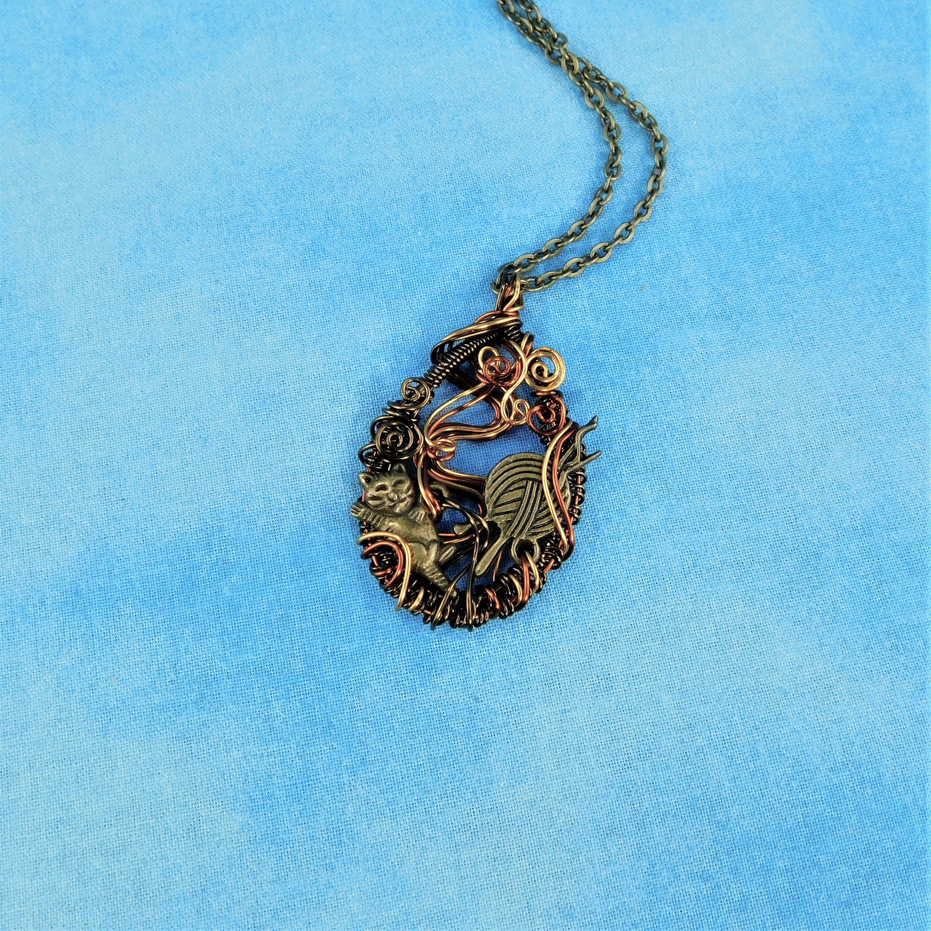 Artisan Crafted Kitten Necklace, Handcrafted Kitty Pendant, Unique Woven Wire Wrapped Feline