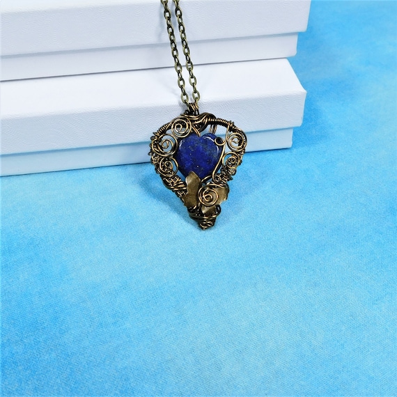 Woven Wire Lapis Lazuli Heart Necklace, Artisan Crafted Gemstone Heart Pendant, Wearable Art Jewelry Birthday or Anniversary Gift for Wife