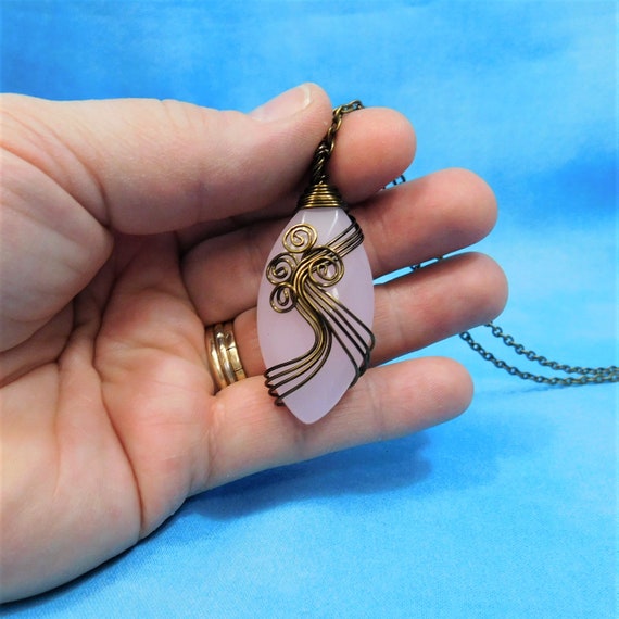 Wire Wrapped Pink Glass Pendant Necklace, Wearable Art Jewelry, Artistic Mother's Day Present for Mom or Anniversary Gift for Wife