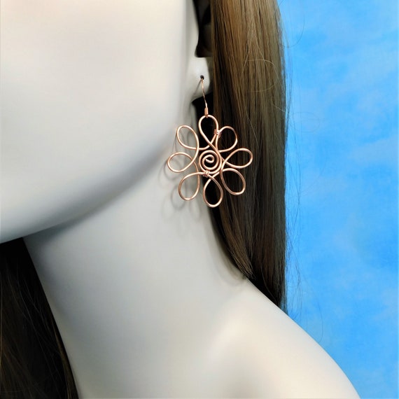 Flower Statement Earrings, Large Rustic Copper Wire Sculpted Flower Dangle Rose Gold Colored Pierced Flower Earrings, Wearable Art Jewelry