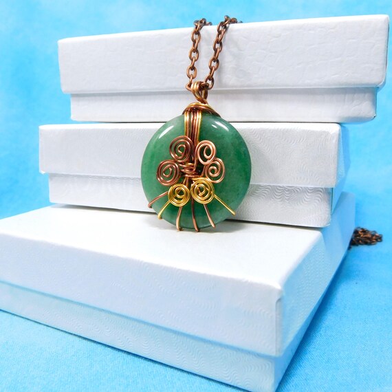 Wire Wrapped Green Aventurine Pendant, Rustic Copper Wrapped Gemstone Jewelry 7th Anniversary Gift for Wife, Handmade Wearable Art Necklace