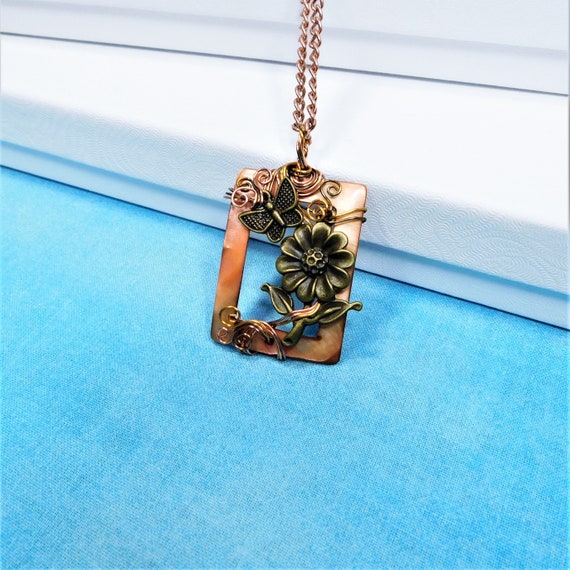 Rustic Copper Butterfly Necklace, Unique Wire Wrapped Flower Pendant, One of a Kind Wearable Art Jewelry, Artistic Wearable Art Present