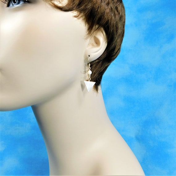Small Natural White Mother of Pearl Geometric Earrings, Triangle Shaped Dangle Earrings, Wearable Art Jewelry Anniversary Gift for Wife