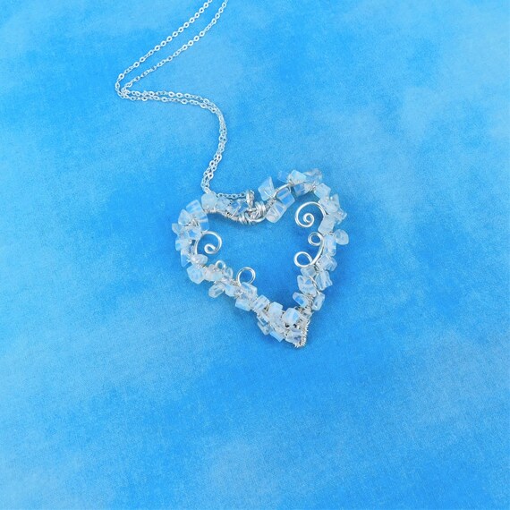 Large Wire Wrapped Genuine Opal Chip Heart Pendant, Unique Artistic Gemstone Necklace Gift for Wife, Girlfriend for Birthday or Anniversary