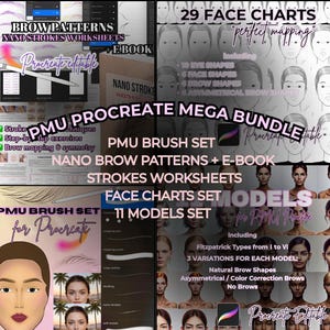 May include: A digital art bundle for Procreate, featuring brow patterns, nano stroke worksheets, and face charts. Includes a PMU brush set, an e-book, and model sets with various brow shapes and skin tones. The text reads "PMU Procreate Mega Bundle."