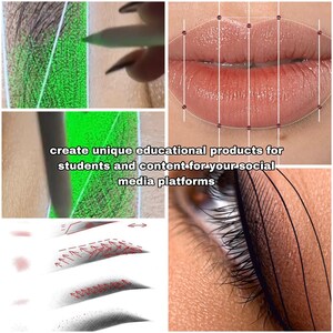 May include: A collage of images showing different techniques for applying makeup to the eyes and lips. The images include close-ups of the eyes and lips, as well as diagrams showing the placement of lines and dots for creating different looks. The text "create unique educational products for students and content-for-your-social media platforms" is also included in the image.